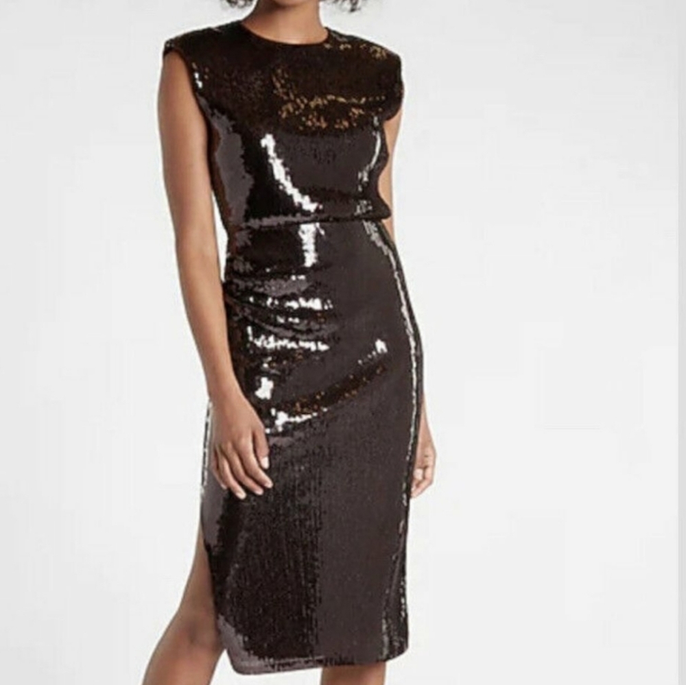 NWOT Express Espresso Brown Sequin Midi Cocktail Party Formal Dress Sz M